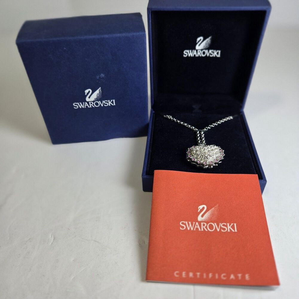Vintage Swarovski Crystal Heart Locket Necklace Pink Clear Swan Box COA